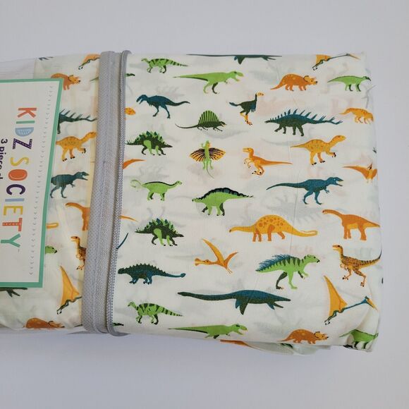 Green Yellow Dinosaurs Triceratops Pterodactyl 3 pc Twin Sheet Set Kids Jurassic - Picture 3 of 10